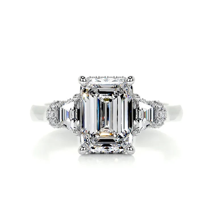 1.0 Carat Emerald-Cut 4-Claw Halo Side-Stone Moissanite Engagement Ring