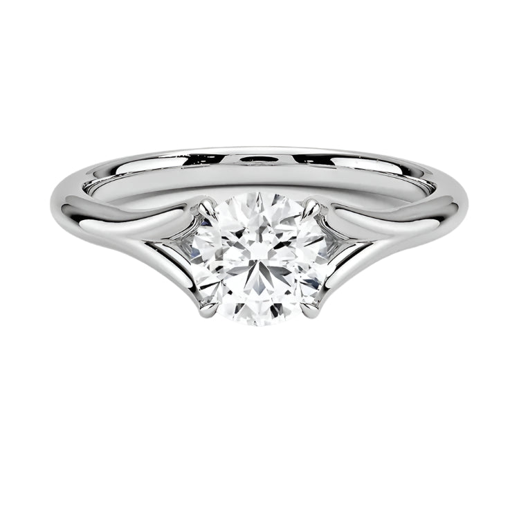 Round cut Split Shank Moissanite lab grown diamond engagement ring round shank with a six claw setting, on a gold band, against a white background.Moissanite engagement ring cape town south africa grand diamonds ralph jacobs jeuli