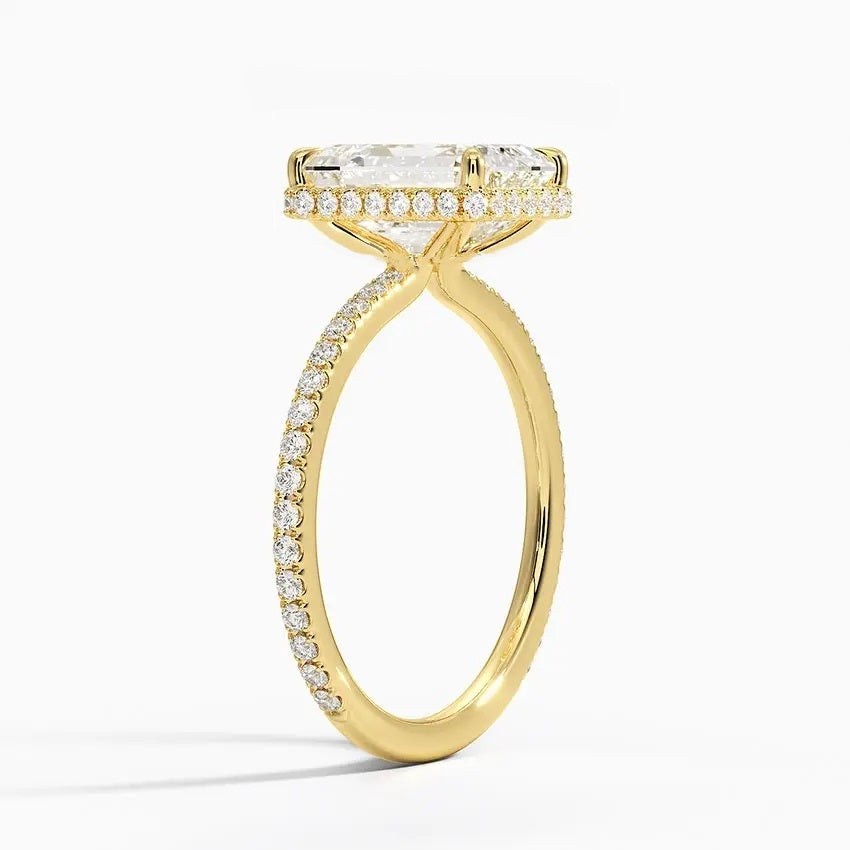 alt="Custom moissanite engagement ring hidden halo with radiant cut stone by ApolloGem"