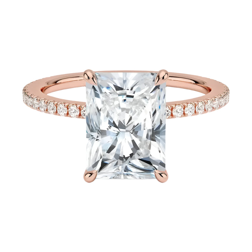 alt="Custom moissanite engagement ring  with radiant cut stone by ApolloGem"