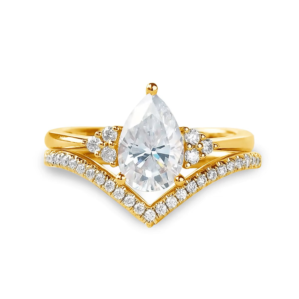alt="Pear cut moissanite engagement ring set with a matching half eternity V-shaped wedding band by ApolloGem"
