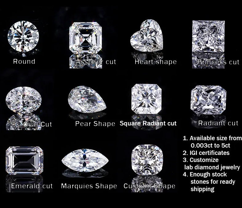 Lab-grown diamond shapes and cuts available for custom jewelry at ApolloGem Cape Town. We offer sustainable IGI certified diamonds from 0.003ct to 5ct in Round, Pear, Emerald, and more for your unique engagement ring.