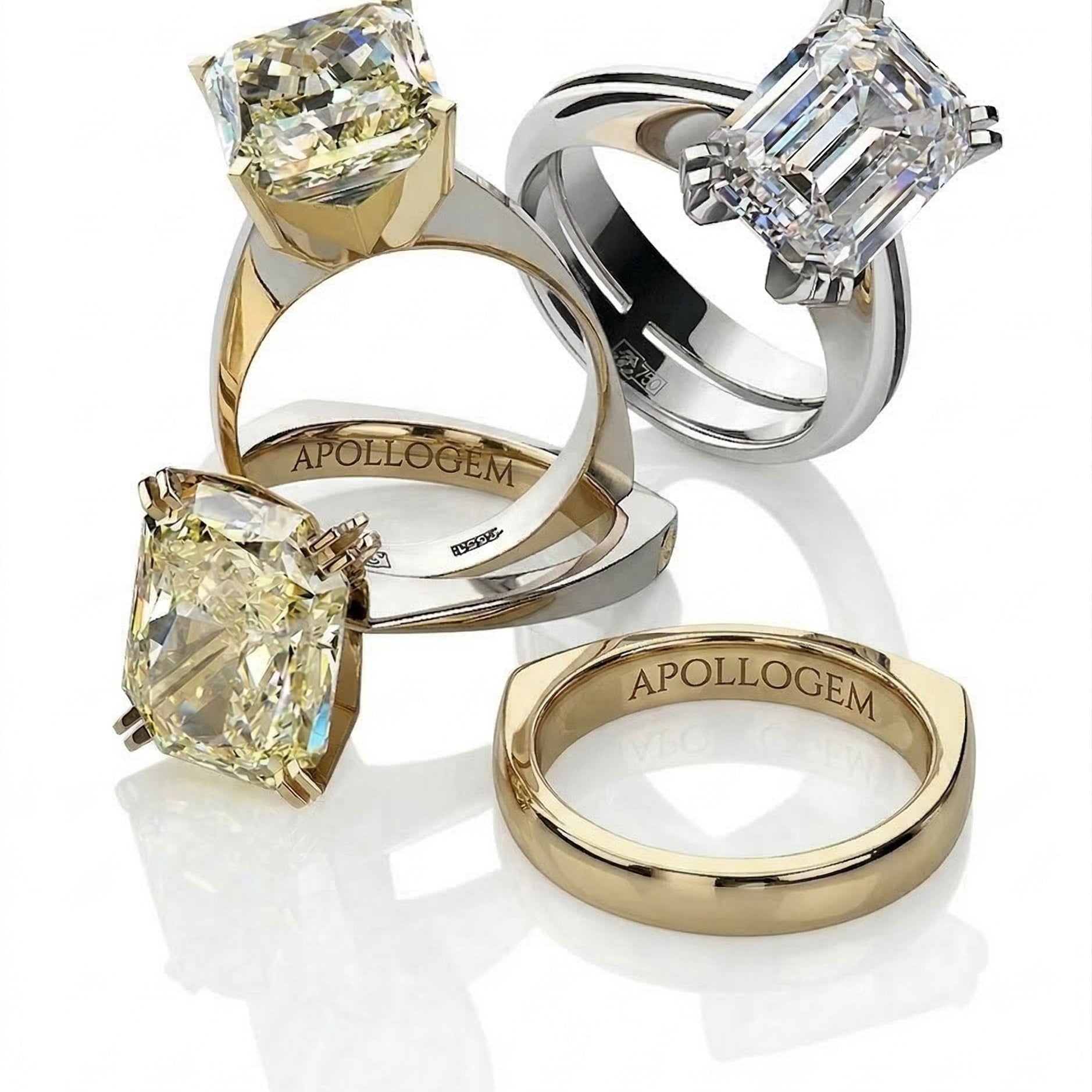 Luxury moissanite engagement rings featuring custom engravings by ApolloGem, showcasing different gold metal choices