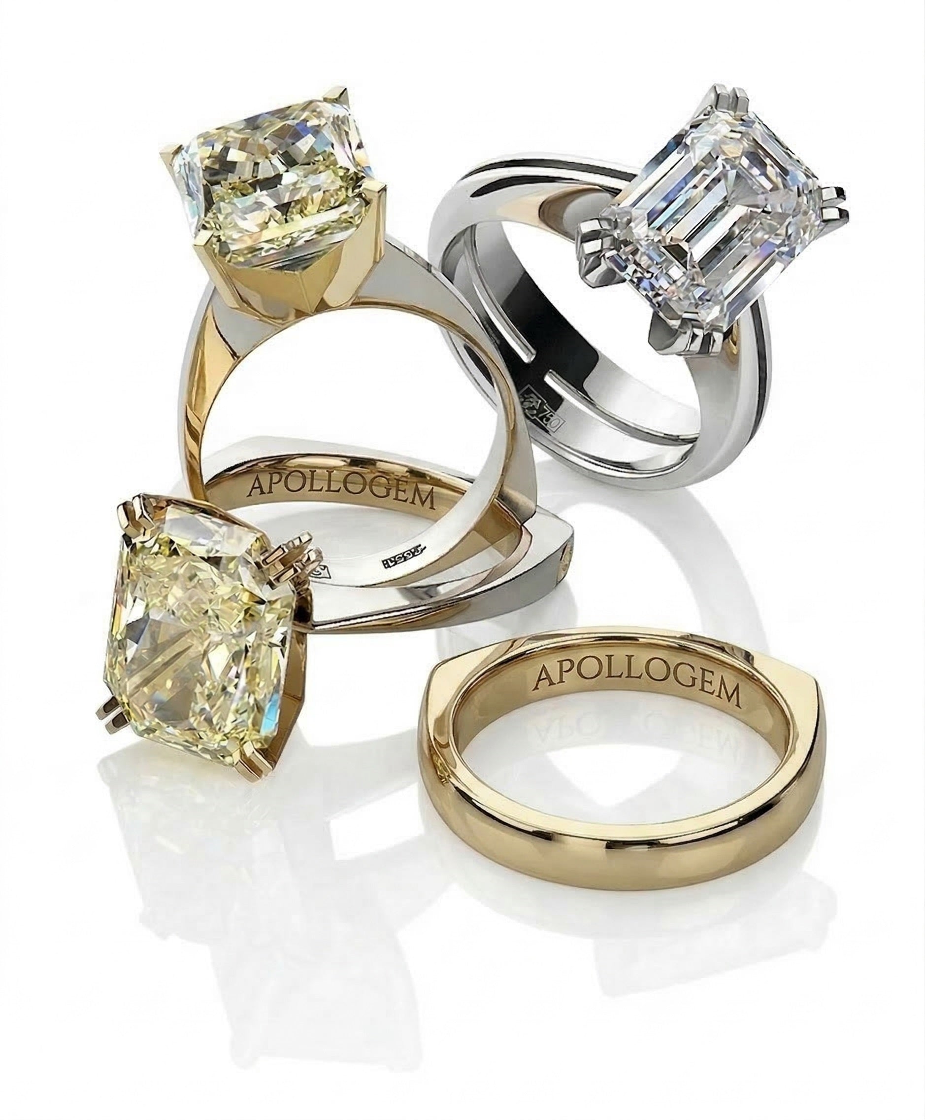 Luxury moissanite engagement rings featuring custom engravings by ApolloGem, showcasing different gold metal choices