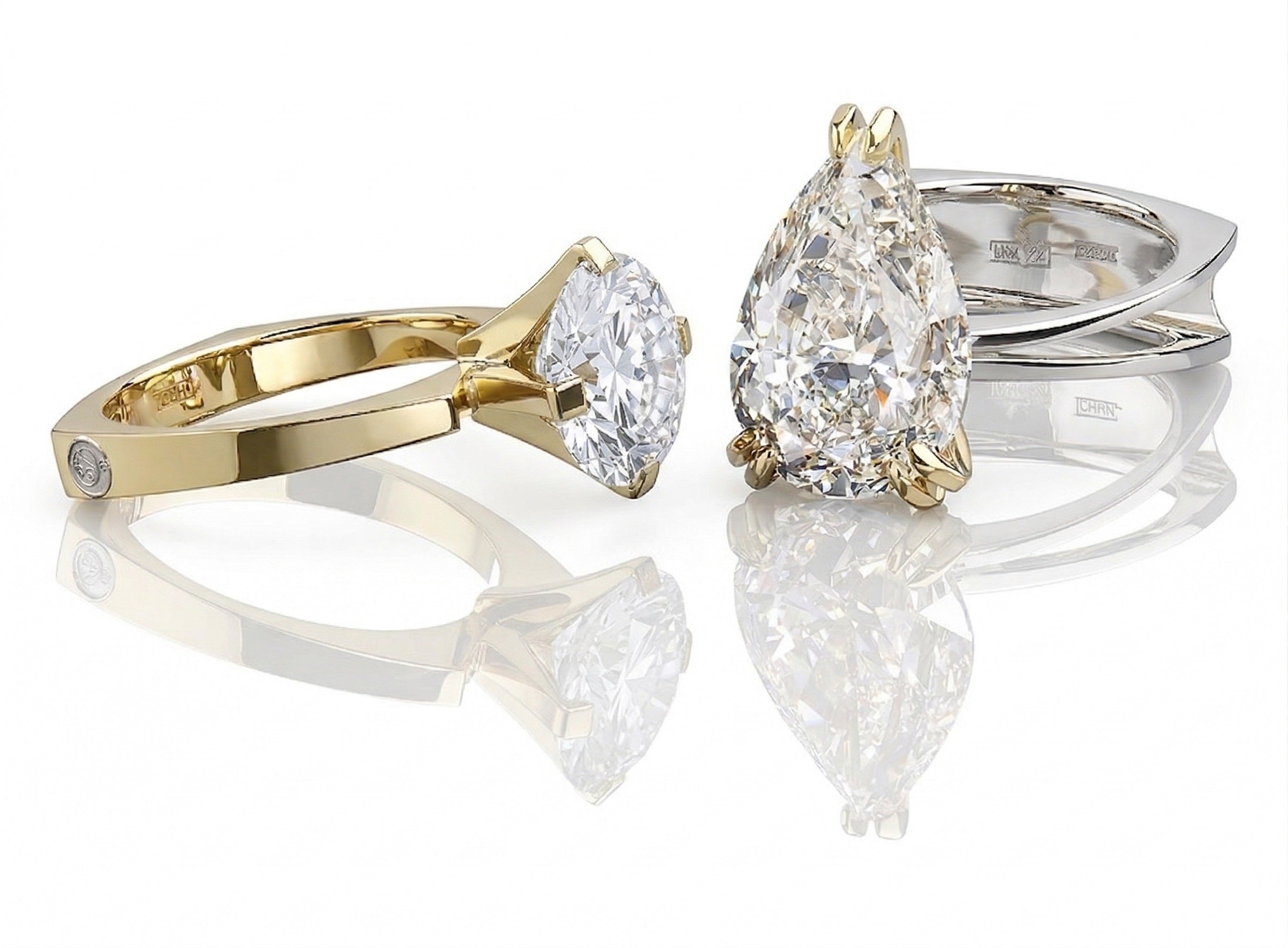 Bespoke moissanite engagement rings in yellow and white gold, featuring pear and round brilliant cuts by ApolloGem.