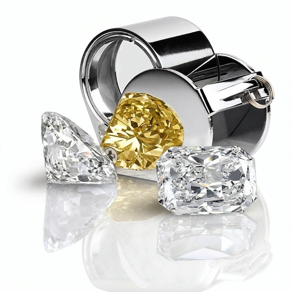 Professional jewelry loupe inspecting a fancy yellow diamond and loose lab-grown diamonds at ApolloGem Cape Town.