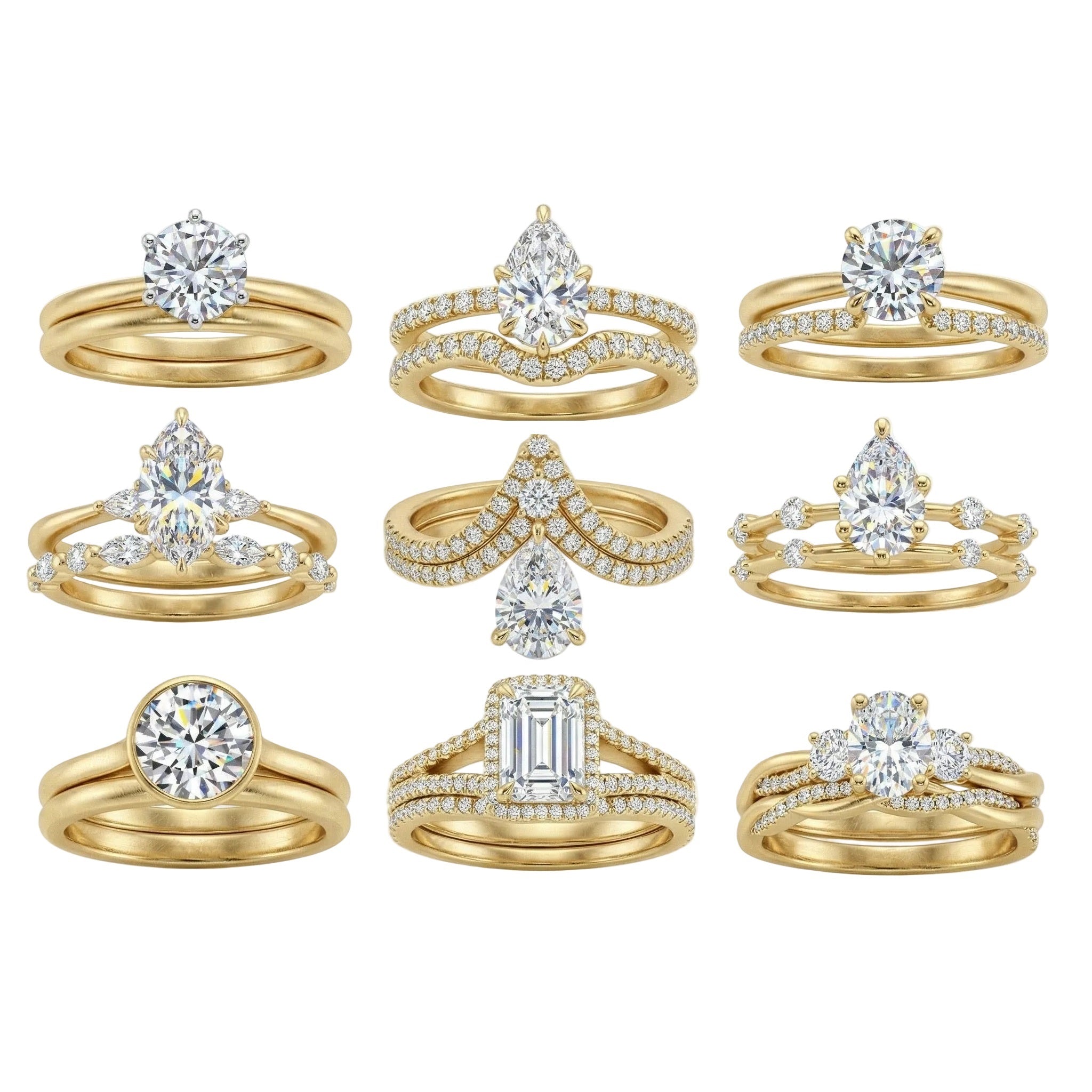 ApolloGem Duo-Soul Collection: Matching bridal ring sets and stacked diamond engagement rings in yellow gold.