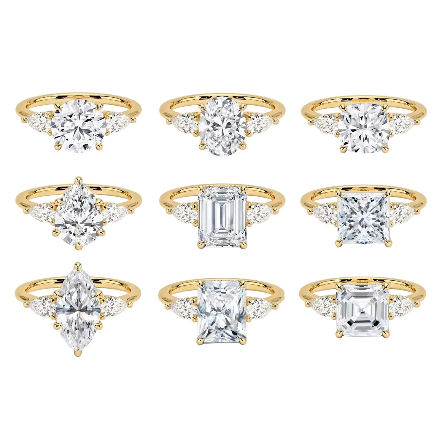 ApolloGem Past, Present & Future Trilogy Rings: A collection of three-stone diamond engagement rings in yellow gold with various diamond shapes including round, oval, and emerald cut.