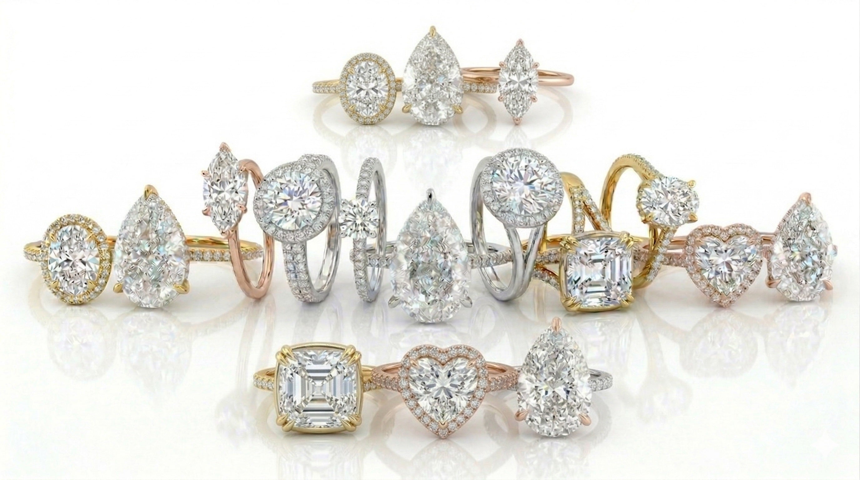 Collection of ApolloGem engagement rings: Hidden Halo, classic Halo, and Solitaire styles in Yellow and White Gold featuring Pear, Oval, and Round cuts.