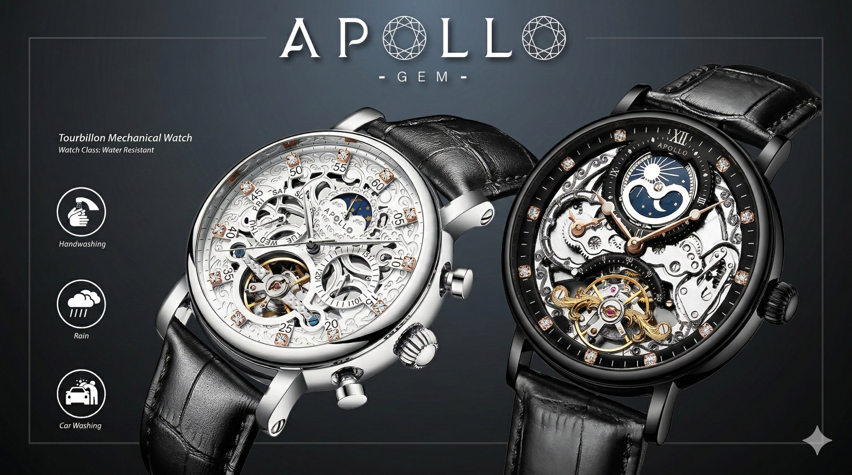 The Apollo Galaxy: Luxury automatic skeleton watches for men with visible mechanical movement and moon phase display, ApolloGem collection.