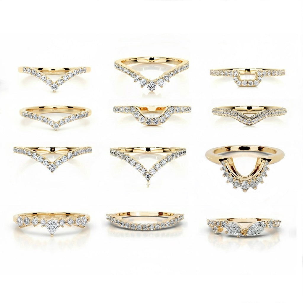 ApolloGem Ever-Bond Collection: Handcrafted diamond wedding bands including curved, contoured, and V-shaped chevron styles in yellow and white gold.