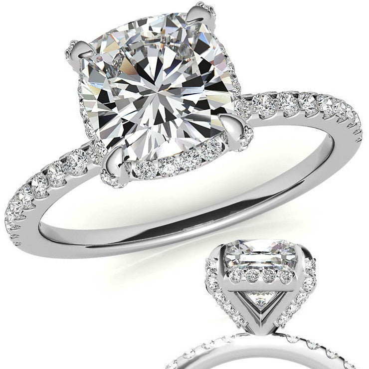 1.0 Carat Cushion-Cut 4-Claw Hidden Halo Pave Moissanite Engagement Ring 1