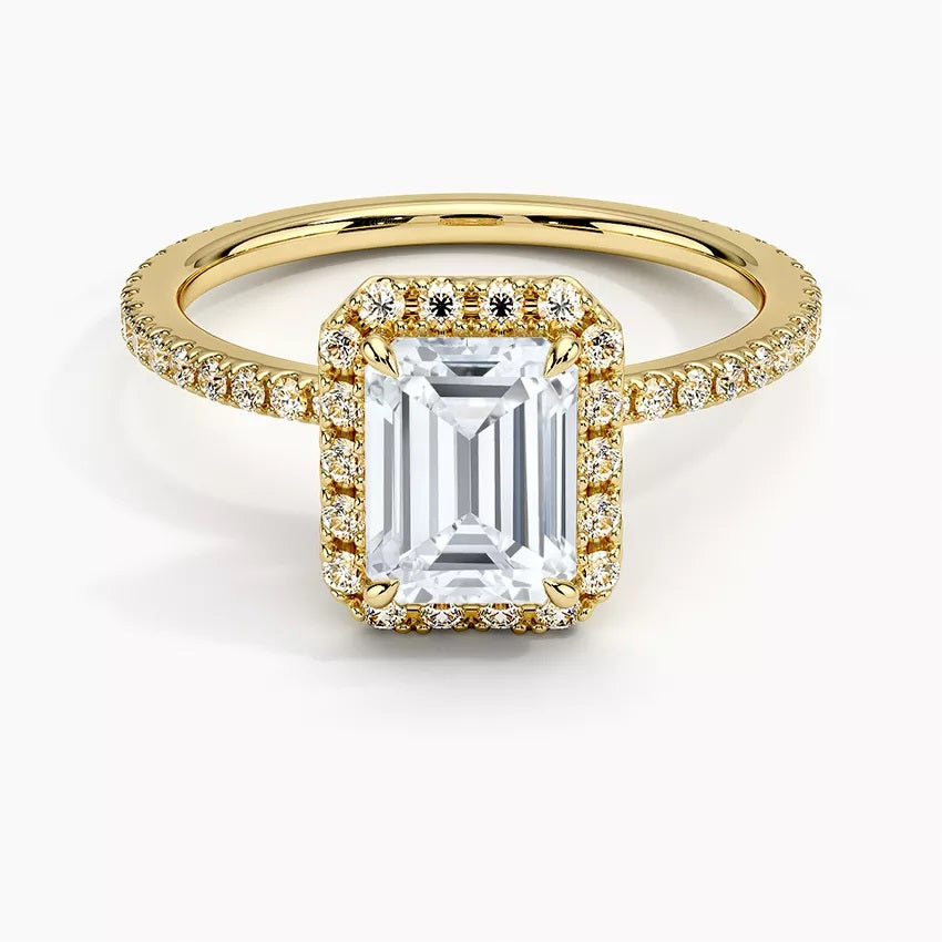 1.0 Carat Emerald-Cut 4-Claw Halo Moissanite Engagement Ring 