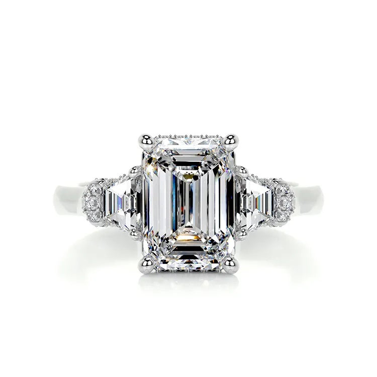 1.0 Carat Emerald-Cut 4-Claw Halo Side-Stone Moissanite Engagement Ring 