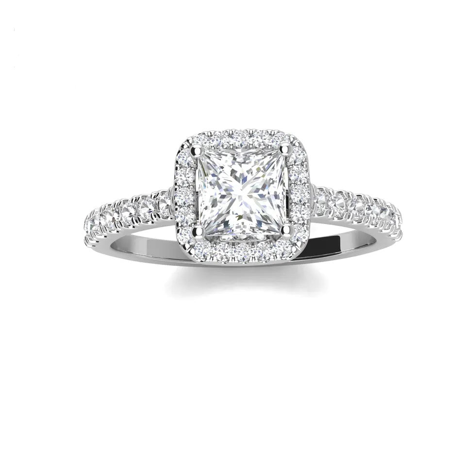 1.0 Carat Princess-Cut 4-Claw Halo Moissanite Engagement Ring 