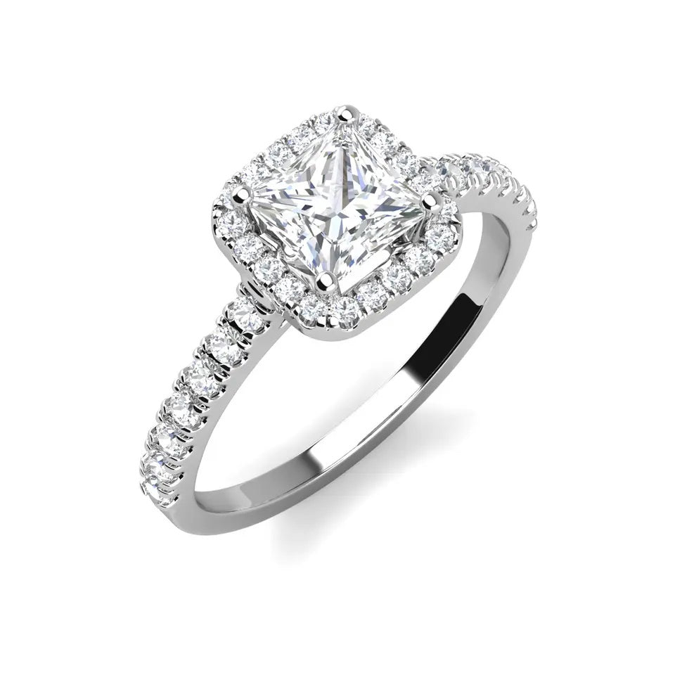 1.0 Carat Princess-Cut 4-Claw Halo Moissanite Engagement Ring 