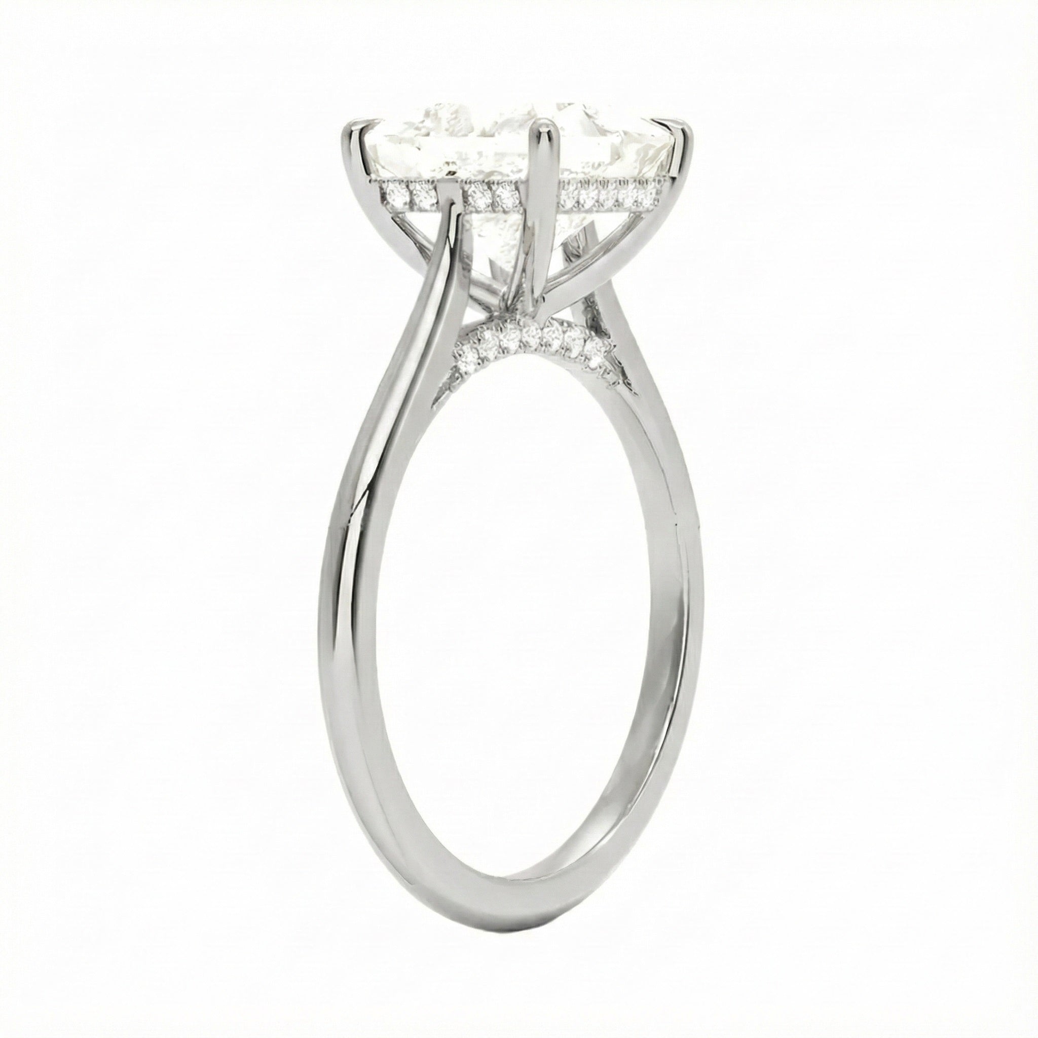 Engagement ring with princess cut moissanite or lab grown diamond solitaire four cat claw hidden halo in yellow rose or white gold hidden halo Cape Town South Africa grand diamonds ralph jacobs jeuli