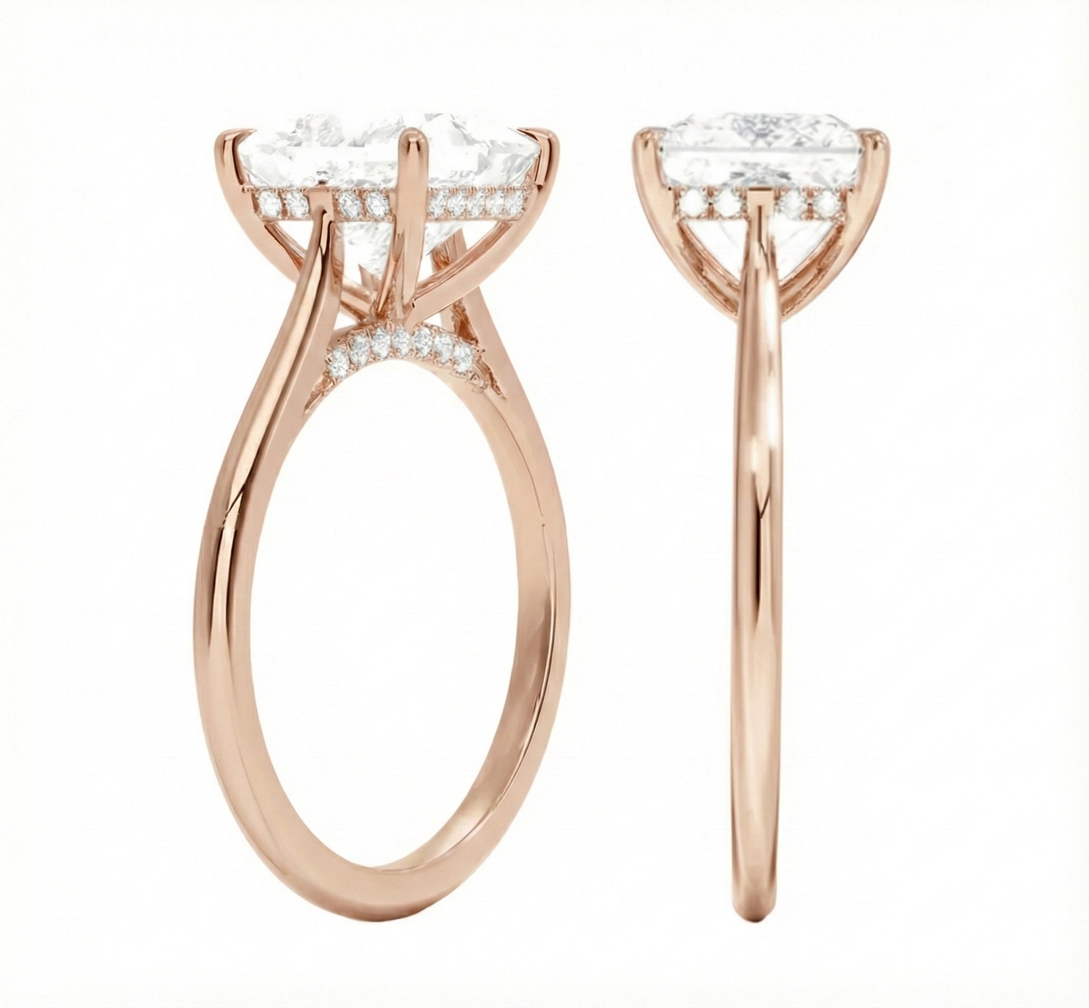 Engagement ring with princess cut moissanite or lab grown diamond solitaire four cat claw hidden halo in yellow rose or white gold hidden halo Cape Town South Africa grand diamonds ralph jacobs jeuli