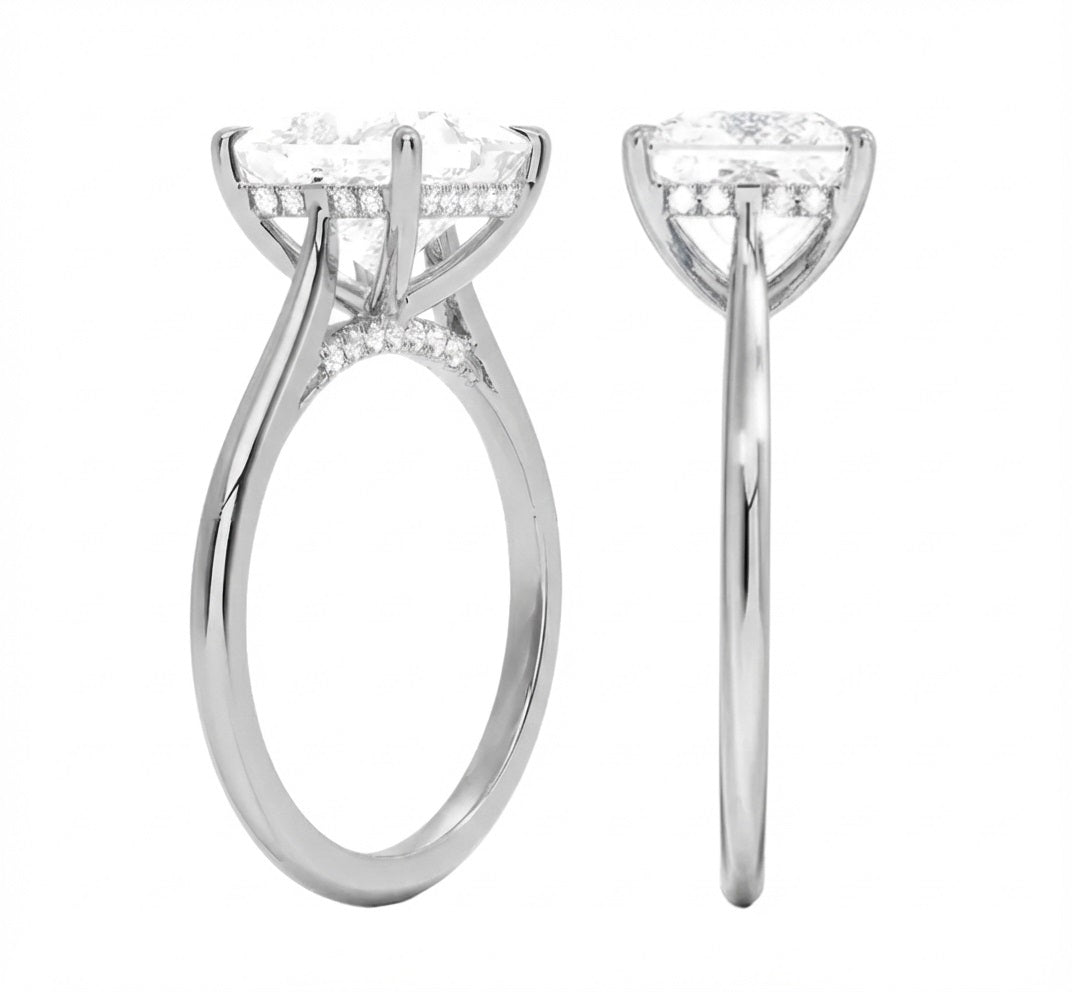 Engagement ring with princess cut moissanite or lab grown diamond solitaire four cat claw hidden halo in yellow rose or white gold hidden halo Cape Town South Africa grand diamonds ralph jacobs jeuli