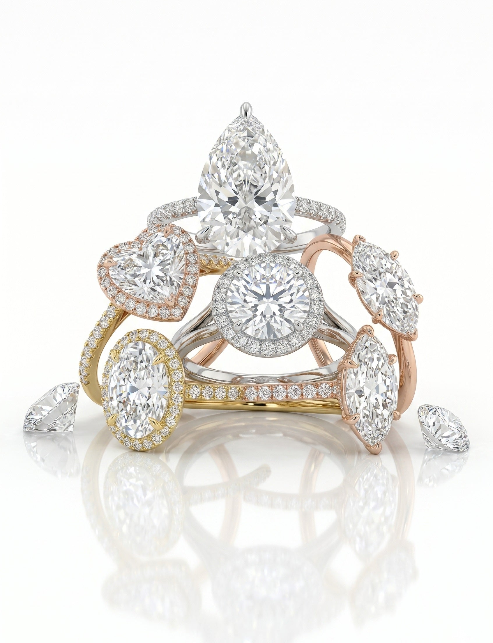 Elegant diamond ring with multiple gemstones on a white background