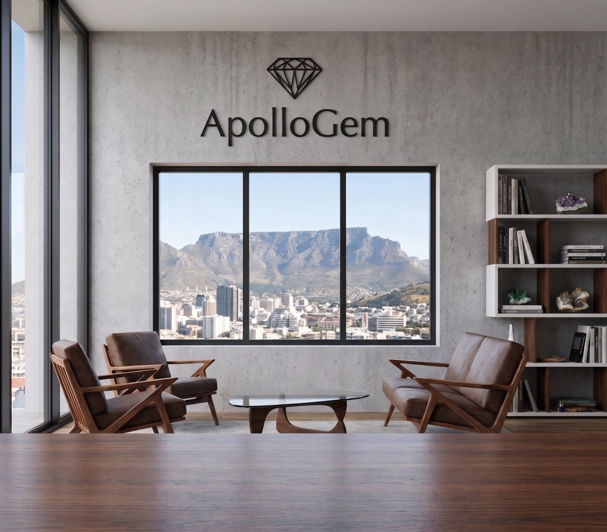 ApolloGem jewelry showroom in Cape Town with Table Mountain view and luxury diamond rings