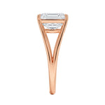 Cushion cut Moissanite lab grown diamond engagement ring V-Split shank with a four claw setting, on a gold band, against a white background.Moissanite engagement ring cape town south africa grand diamonds ralph jacobs jeulia 