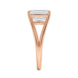 Cushion cut Moissanite lab grown diamond engagement ring V-Split shank with a four claw setting, on a gold band, against a white background.Moissanite engagement ring cape town south africa grand diamonds ralph jacobs jeulia 