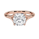 Engagement ring Cushion cut Moissanite lab grown diamond engagement ring v-Split round shank with a four cat-claw setting, on a gold band, against a white background.Moissanite engagement ring cape town south africa grand diamonds ralph jacobs jeulia 