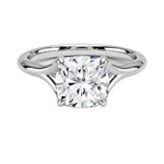 Engagement ring Cushion cut Moissanite lab grown diamond engagement ring v-Split round shank with a four cat-claw setting, on a gold band, against a white background.Moissanite engagement ring cape town south africa grand diamonds ralph jacobs jeulia 