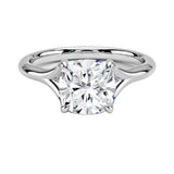 Engagement ring Cushion cut Moissanite lab grown diamond engagement ring v-Split round shank with a four cat-claw setting, on a gold band, against a white background.Moissanite engagement ring cape town south africa grand diamonds ralph jacobs jeulia 