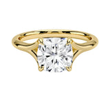 Engagement ring Cushion cut Moissanite lab grown diamond engagement ring v-Split round shank with a four cat-claw setting, on a gold band, against a white background.Moissanite engagement ring cape town south africa grand diamonds ralph jacobs jeulia 