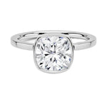 alt="An Cushion cut Moissanite engagement ring with a bezel setting, displayed on a gold band, against a white background.Moissanite engagement ring cape town south africa grand diamonds ralph jacobs jeulia "
