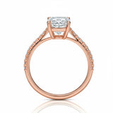 Elongated cushion cut Moissanite lab grown diamond engagement ring pave set shank with cathedral setting, on a gold band, against a white background.Moissanite engagement ring cape town south africa grand diamonds ralph jacobs jeulia 