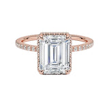 Engagement ring with emerald cut moissanite or lab grown diamond solitaire four cat claw setting yellow rose or white gold hidden double halo and pave set shank Cape Town South Africa grand diamonds ralph jacobs jeuli