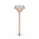 Engagement ring with emerald cut moissanite or lab grown diamond solitaire four cat claw setting yellow rose or white gold hidden double halo and pave set shank Cape Town South Africa grand diamonds ralph jacobs jeuli