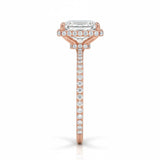 Engagement ring with emerald cut moissanite or lab grown diamond solitaire four cat claw setting yellow rose or white gold hidden double halo and pave set shank Cape Town South Africa grand diamonds ralph jacobs jeuli