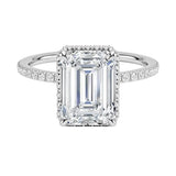 Engagement ring with emerald cut moissanite or lab grown diamond solitaire four cat claw setting yellow rose or white gold hidden double halo and pave set shank Cape Town South Africa grand diamonds ralph jacobs jeuli