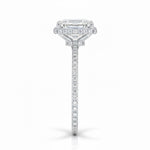 Engagement ring with emerald cut moissanite or lab grown diamond solitaire four cat claw setting yellow rose or white gold hidden double halo and pave set shank Cape Town South Africa grand diamonds ralph jacobs jeuli