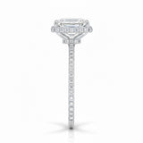 Engagement ring with emerald cut moissanite or lab grown diamond solitaire four cat claw setting yellow rose or white gold hidden double halo and pave set shank Cape Town South Africa grand diamonds ralph jacobs jeuli