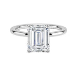 Engagement ring with emerald cut moissanite or lab grown diamond solitaire four cat claw setting yellow rose or white gold hidden hallo comfort shank Cape Town South Africa grand diamonds ralph jacobs jeuli