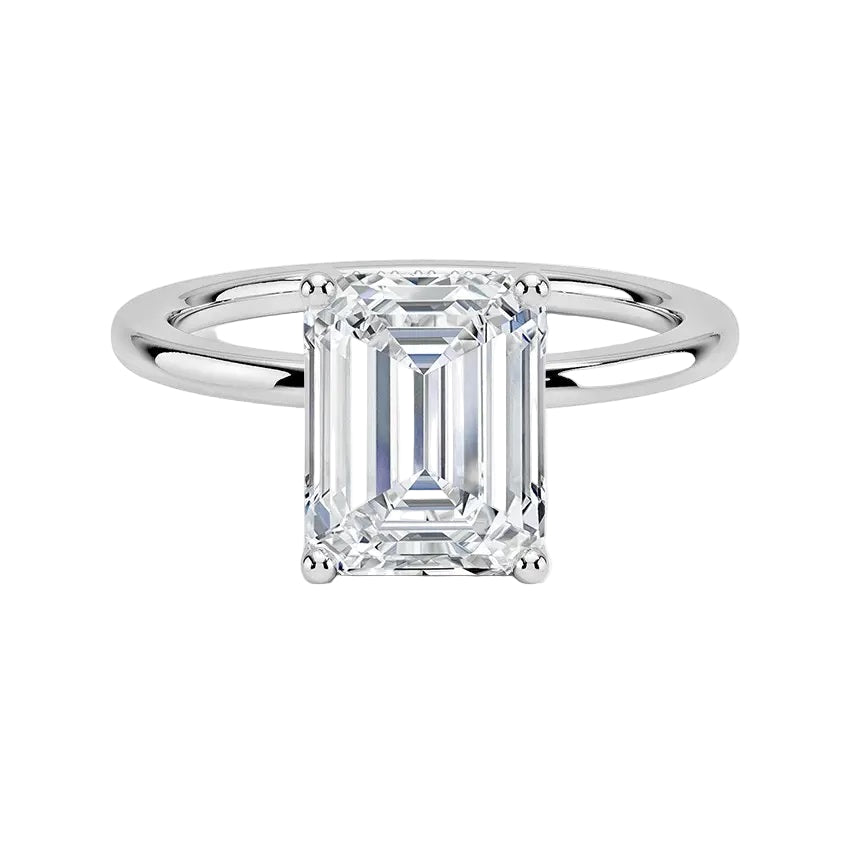 Engagement ring with emerald cut moissanite or lab grown diamond solitaire four cat claw setting yellow rose or white gold hidden hallo comfort shank Cape Town South Africa grand diamonds ralph jacobs jeuli