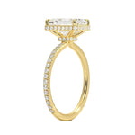 Engagement ring with emerald cut moissanite or lab grown diamond solitaire four cat claw setting yellow rose or white gold hidden double halo and pave set shank Cape Town South Africa grand diamonds ralph jacobs jeuli