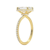 Engagement ring with emerald cut moissanite or lab grown diamond solitaire four cat claw setting yellow rose or white gold hidden double halo and pave set shank Cape Town South Africa grand diamonds ralph jacobs jeuli