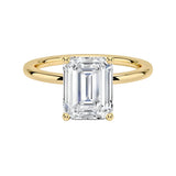 Engagement ring with emerald cut moissanite or lab grown diamond solitaire four cat claw setting yellow rose or white gold hidden hallo comfort shank Cape Town South Africa grand diamonds ralph jacobs jeuli