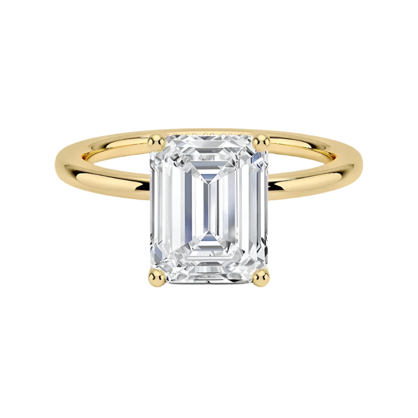 Engagement ring with emerald cut moissanite or lab grown diamond solitaire four cat claw setting yellow rose or white gold hidden hallo comfort shank Cape Town South Africa grand diamonds ralph jacobs jeuli