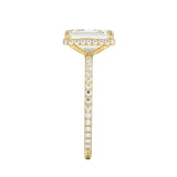 Engagement ring with emerald cut moissanite or lab grown diamond solitaire four cat claw setting yellow rose or white gold hidden halo and pave set shank Cape Town South Africa grand diamonds ralph jacobs jeuli