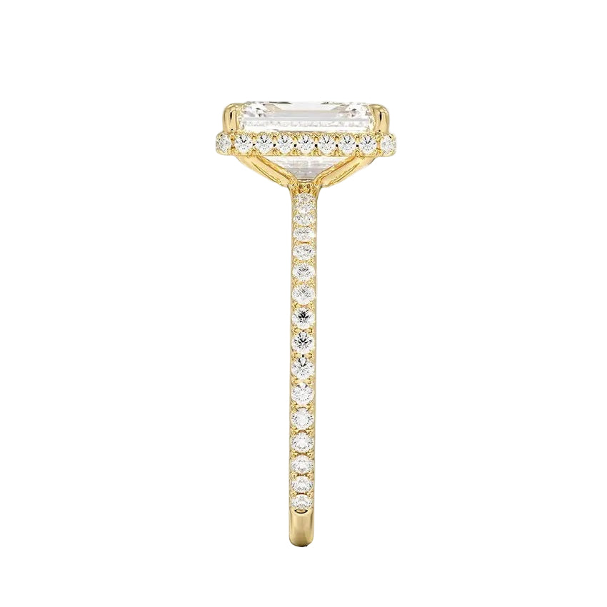 Engagement ring with emerald cut moissanite or lab grown diamond solitaire four cat claw setting yellow rose or white gold hidden halo and pave set shank Cape Town South Africa grand diamonds ralph jacobs jeuli