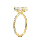 Engagement ring with emerald cut moissanite or lab grown diamond solitaire four cat claw setting yellow rose or white gold hidden halo and pave set shank Cape Town South Africa grand diamonds ralph jacobs jeuli