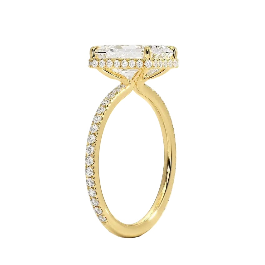 Engagement ring with emerald cut moissanite or lab grown diamond solitaire four cat claw setting yellow rose or white gold hidden halo and pave set shank Cape Town South Africa grand diamonds ralph jacobs jeuli