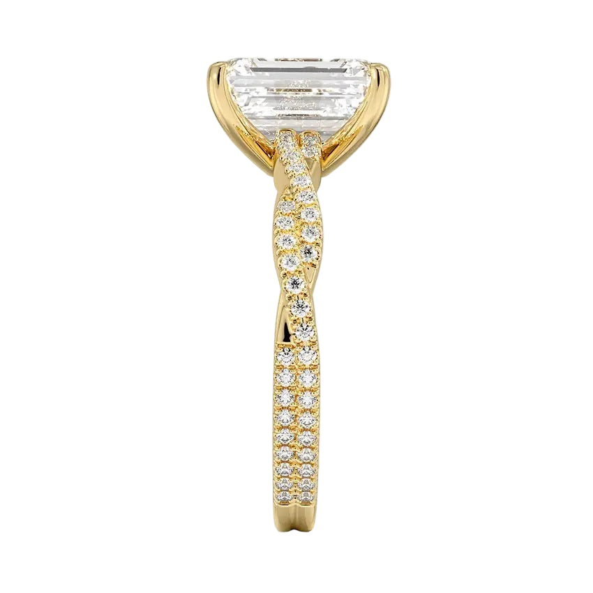 Emerald cut Moissanite lab grown diamond engagement ring with twisted pave set gold shank, against a white background.Moissanite engagement ring cape town south africa grand diamonds ralph jacobs jeulia 